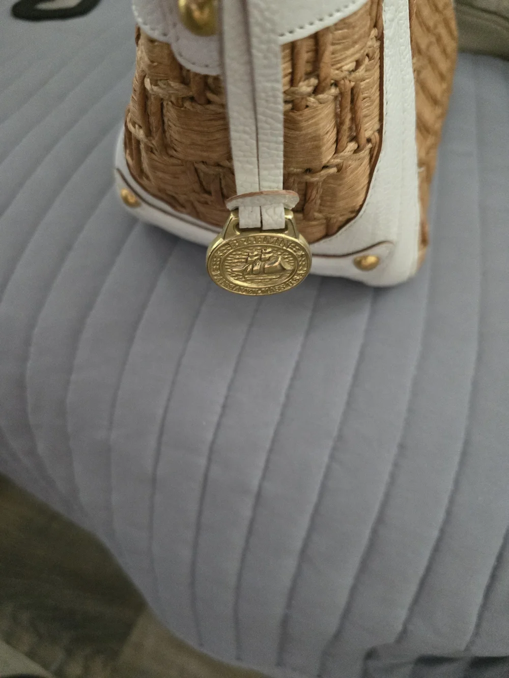 Brahmin White Leather and Natural Woven Tote